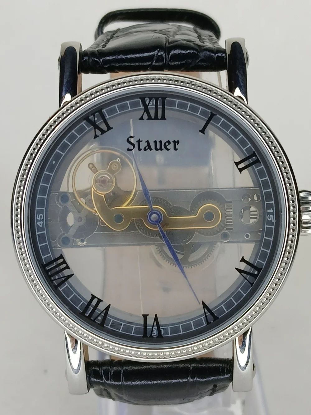 ​Stauer Men's Mechanical Skeleton Watch Blue Hands Leather Strap 3ATM Box 19891
